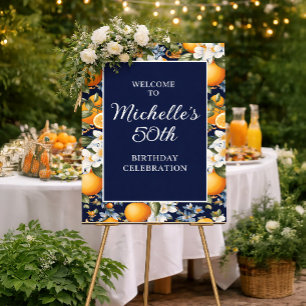 Affiche Oranges Fleurs Blanches Bleu Marine Anniversaire B