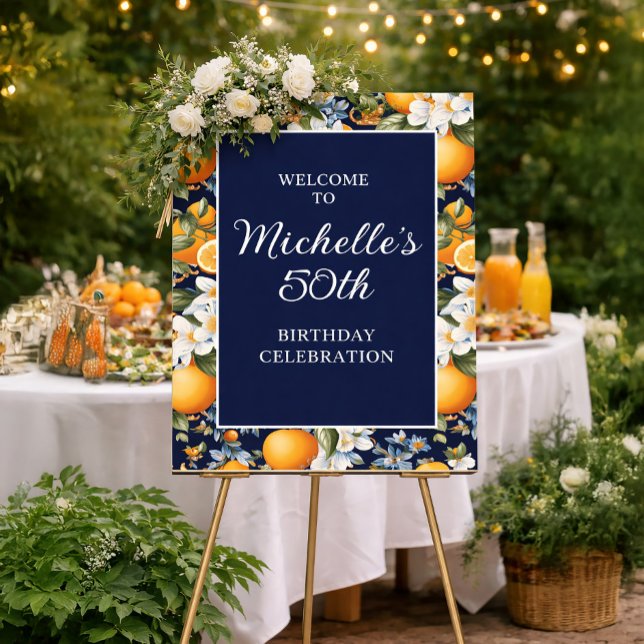 Affiche Oranges White Flowers Navy Blue Birthday Welcome (16"x20" birthday poster with oranges on navy blue)