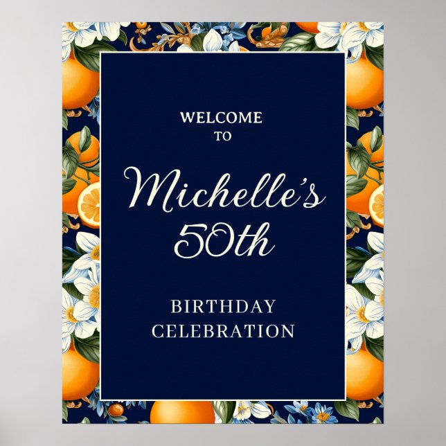 Affiche Oranges White Flowers Navy Blue Birthday Welcome (Devant)