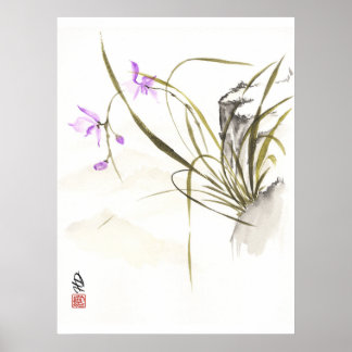 Affiche Orchidée au pied du rocher ancien Art au pinceau c