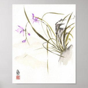 Affiche Orchidée au pied du rocher antique Art au pinceau