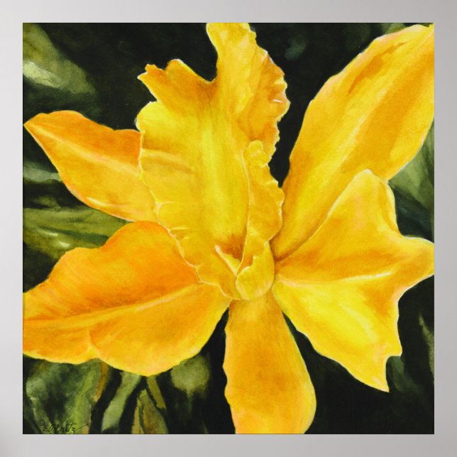 Affiche Orchidée jaune peinture vert arrière - plan acryli (Devant)