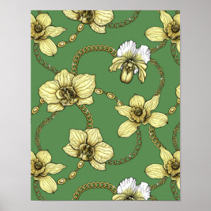 Affiche Orchidées et chaînes, jaune et vert kelly