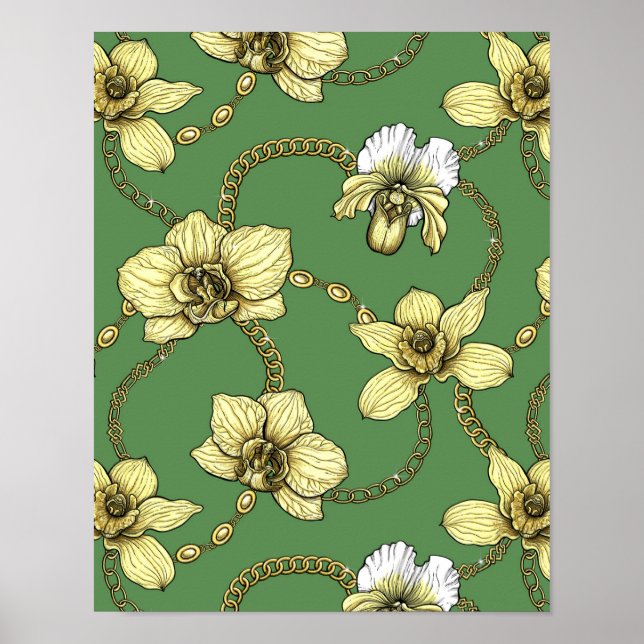 Affiche Orchidées et chaînes, jaune et vert kelly (Devant)