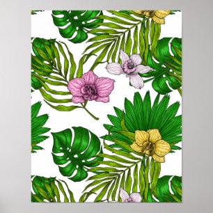 Affiche Orchidées et feuilles de palmiers, rose, jaune, ve