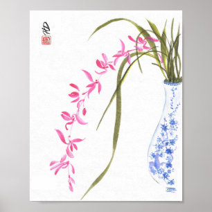 Affiche Orchidées roses dans un vase bleu et blanc - Art à