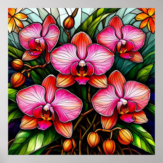 Affiche Orchidées roses vibrantes dans une œuvre d'art en  (Devant)