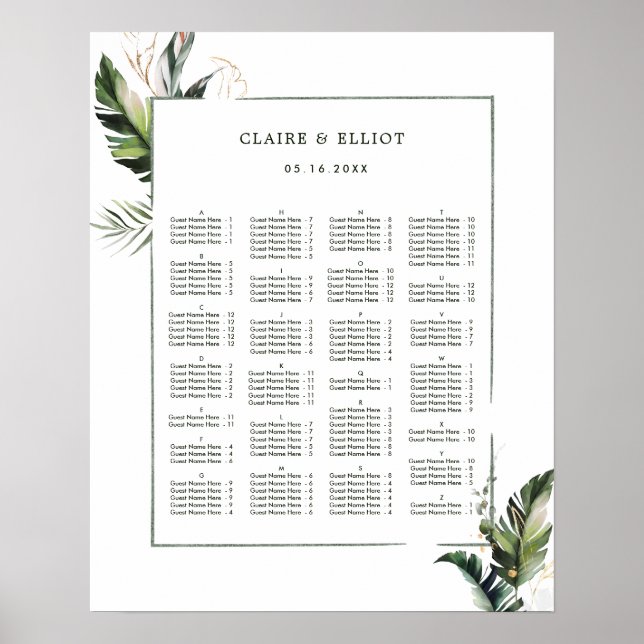 Affiche ORDRE ALPHABÉTIQUE Mariage tropical Siège (Devant)