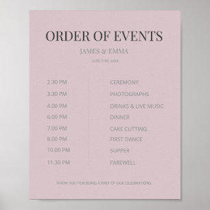 Affiche Ordre des événements de mariage minimaliste Rose t