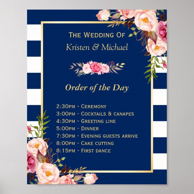 Affiche Ordre mariage du jour Floral Navy Bleu Stripes (Devant)