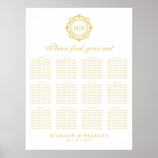 Affiche Organiser Floral Monogramme Mariage Or Carte de si (Devant)