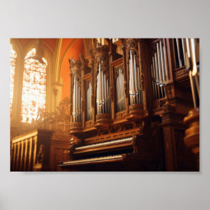 Affiche Orgue à tuyaux de cathédrale gothique avec lumière