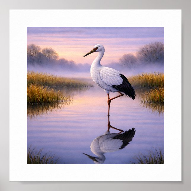 Affiche Oriental Stork at Dusk – Japanese Wild Birds Art (Devant)