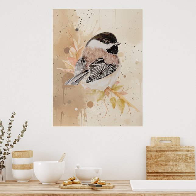 Affiche Original Hand painted Watercolor Chickadee Bird (Cuisine)