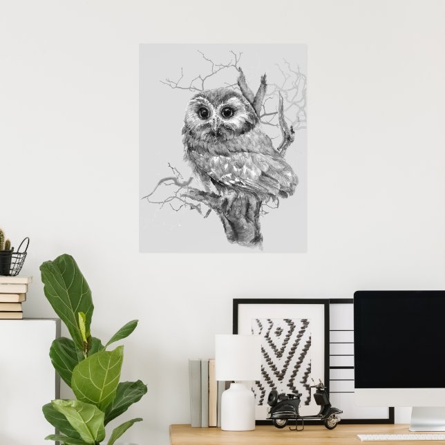 Affiche Original Watercolor Baby Owl Bird Art (Bureau à domicile)
