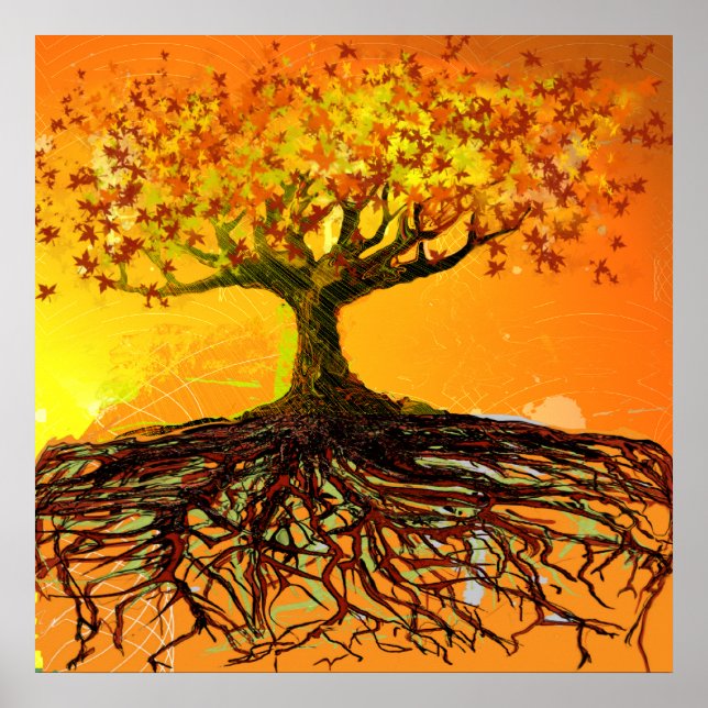 Affiche originale d'arbre aux racines grunge en dé (Devant)