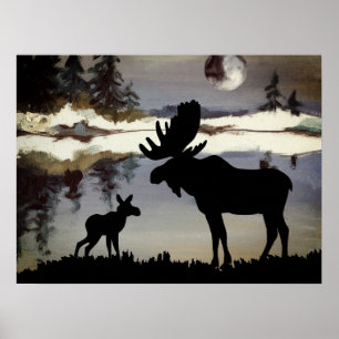 Affiche Orignal et bébé forêt de nuit à l'aquarelle