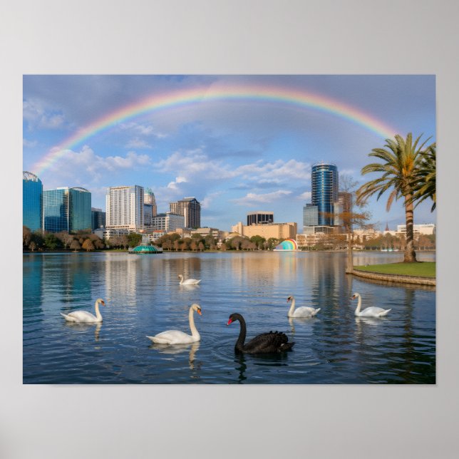 Affiche Orlando Florida Skyline Lake Eola Rainbow & Swans (Devant)