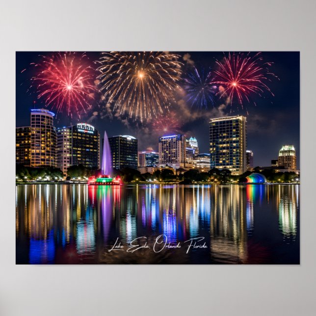 Affiche Orlando Florida Skyline with Lake Eola Fireworks (Devant)