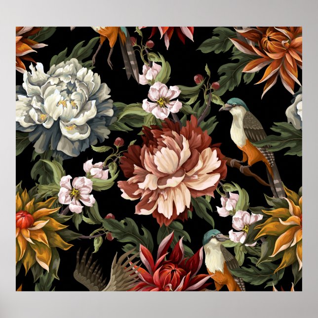 Affiche Ornat Vintages, Roses, Oiseaux. (Devant)