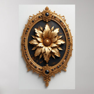 Affiche Ornate Gold Frame With Large Metallic Flower Medal