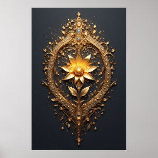 Affiche Ornate Gold Frame With Large Metallic Flower Medal