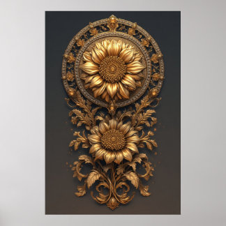 Affiche Ornate Gold Frame With Large Metallic Flower Medal