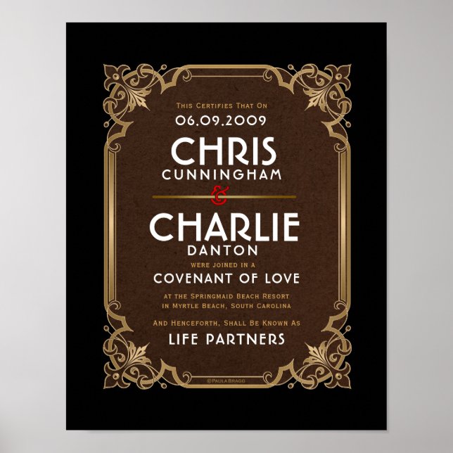 Affiche Orné or bordure noir blanc mariage certificat (Devant)