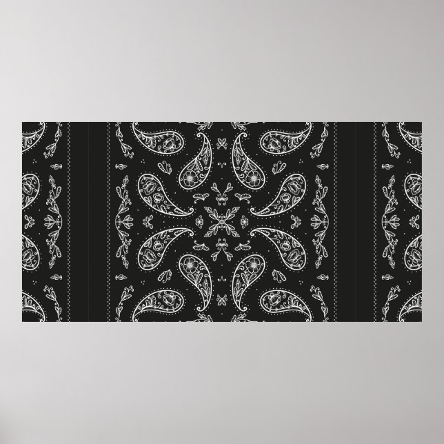 Affiche Ornement Bandana noir et blanc Paisley Imprimer. V (Devant)