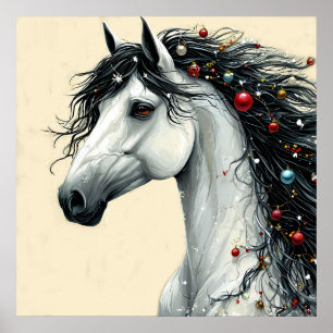 Affiche 🎄 Ornement de Noël Cheval Blanc Crinière Art d'hi