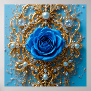 Affiche ✨ Ornement Doré Rose Bleue Perle Pour Maison Éléga