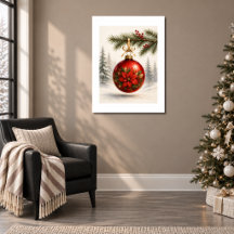Ornement poinsettia rouge sur pin