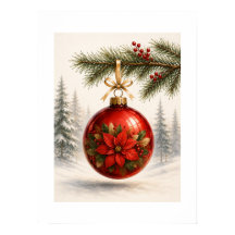 Ornement poinsettia rouge sur pin