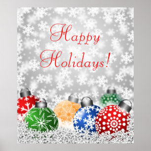 Affiche Ornements d'arbre de Noël sur Snowy Arrière - plan