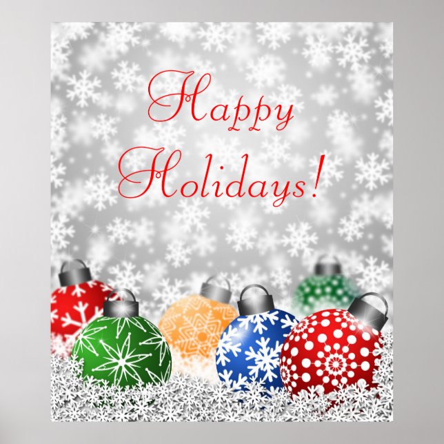 Affiche Ornements d'arbre de Noël sur Snowy Arrière - plan (Devant)