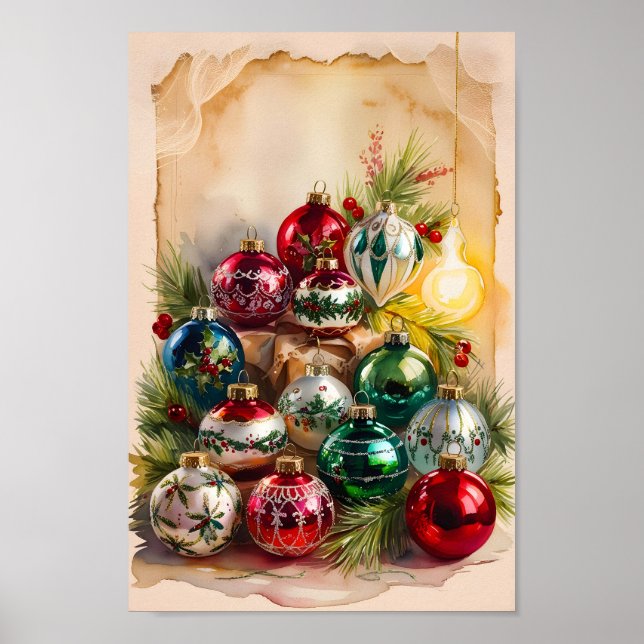 Affiche Ornements de Noël rétro Mur Art Imprimer (Devant)