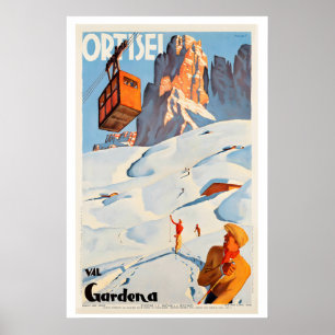 Affiche Ortesei Val Gardena Dolomites Italie Ski Vintage