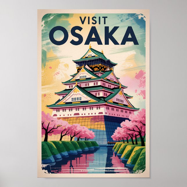Affiche Osaka Japan Castle Illustration Travel Art Vintage (Devant)