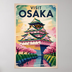 Affiche Osaka Japon Château Illustration Voyage Art Rétro