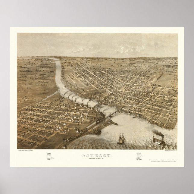 Affiche Oshkosh, WI Carte Panoramique - 1887 (Devant)
