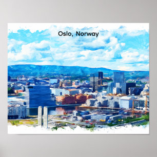 Affiche Oslo Norvège Peinture Aquarelle Vue panoramique