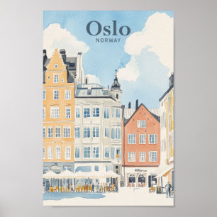 Affiche Oslo Norvège Peinture Gouache Illustration Voyage