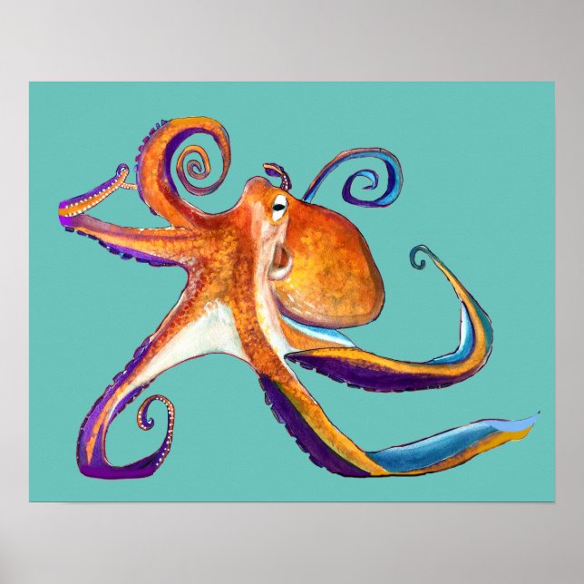 Affiche Otopus vie marine aquarelle art (Devant)