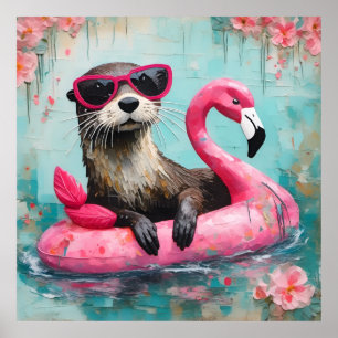 Affiche Otter flottant sur un Flamant rose rose drôle Coll