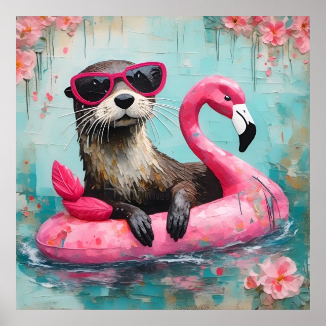 Affiche Otter flottant sur un Flamant rose rose drôle Coll (Devant)