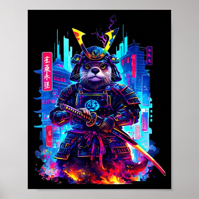 Affiche Otter Katana Cyberpunk Neon Samurai Japanese Art  (Devant)