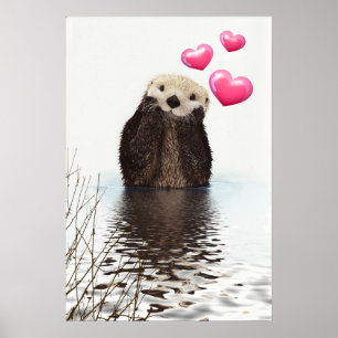Affiche Otter mignonne avec Coeurs d'Amour Rose