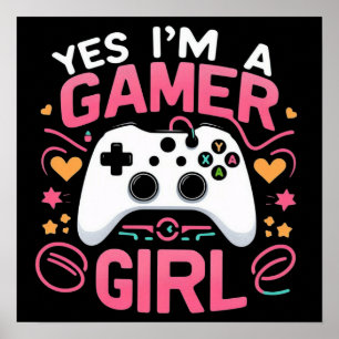 Affiche Oui je suis une fille Gamer : manette rose et blan