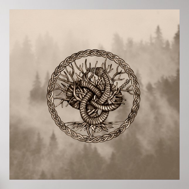 Affiche Ouroboros noeud celtique avec arbre de vie Sepia (Devant)