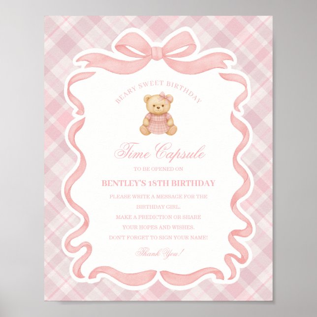Affiche Ours à nœud papillon rose Coquette Anniversaire Ca (Devant)
